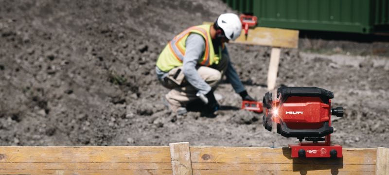 Nivel láser rotativo de pendiente simple PR 40-22 Robusto nivel de láser rotativo exterior con funciones automáticas para nivelado, alineación, inclinación y cálculo de escuadras de larga distancia (plataforma de batería Nuron) Aplicaciones 1